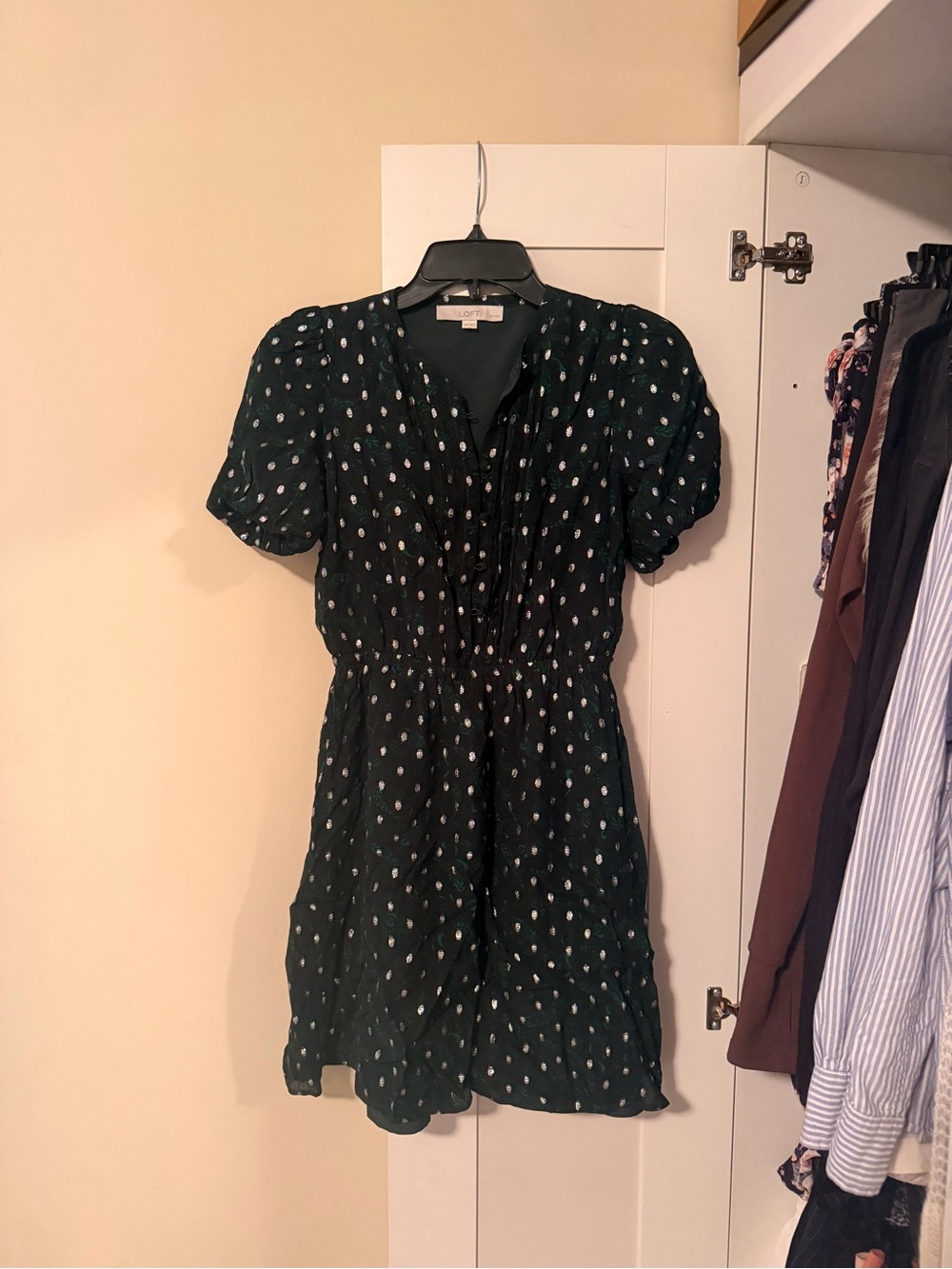 LOFT Dark Green Polka Dot Puff Sleeve Dress